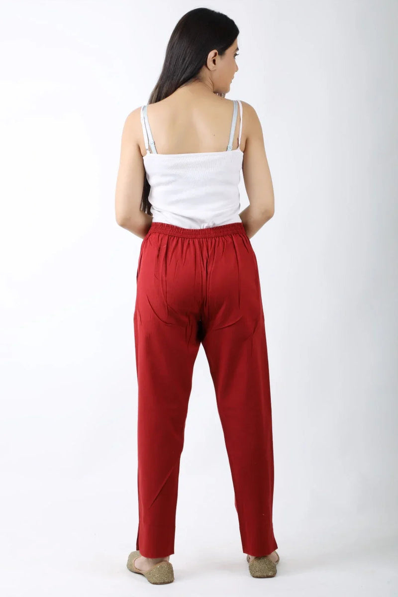 Women Meroon Regular Cotton Trousers