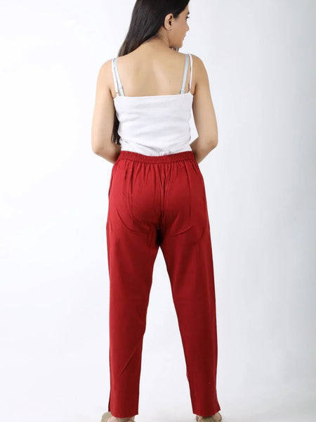 Women Meroon Regular Cotton Trousers