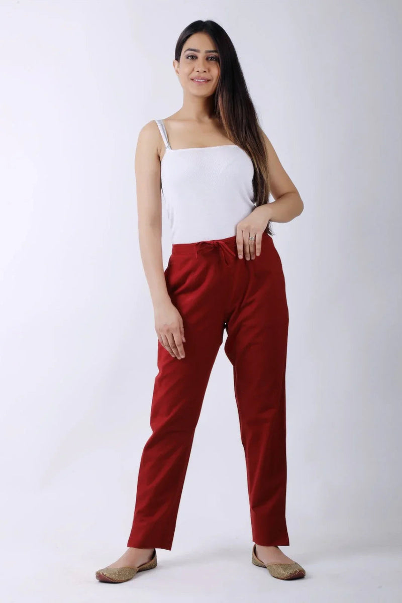 Women Meroon Regular Cotton Trousers