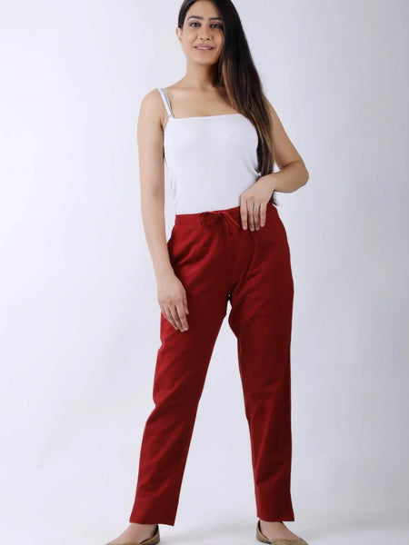 Women Meroon Regular Cotton Trousers