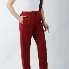 Women Meroon Regular Cotton Trousers