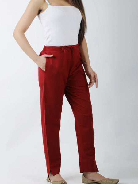 Women Meroon Regular Cotton Trousers