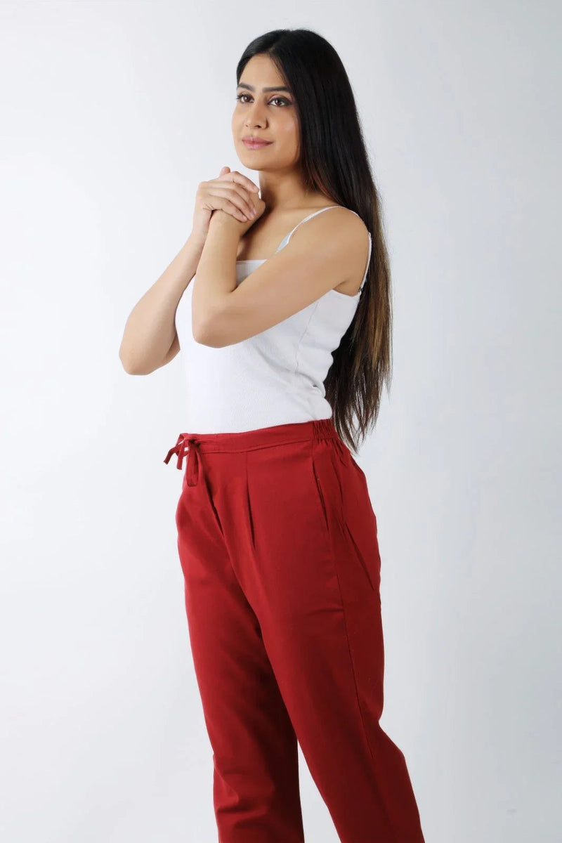 Women Meroon Regular Cotton Trousers