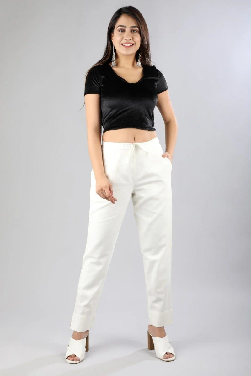 Women Off white Regular Cotton Trousers