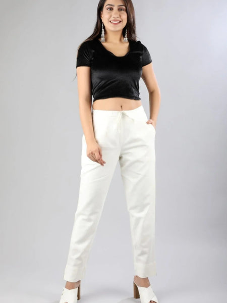 Women Off white Regular Cotton Trousers