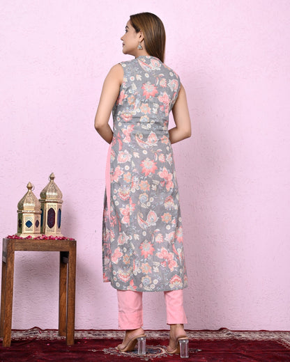 Women Grey Color Printed & Embroidery Cutsleeve Kurta
