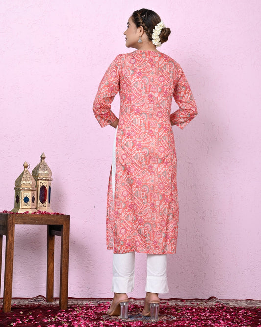 Women Peach Color Printed & Embroidery  Kurta