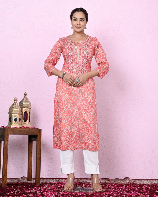 Women Peach Color Printed & Embroidery  Kurta