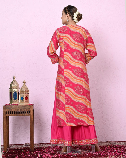 Women Pink Color Lehriya Printed & Embroidery Kurta and  Sharara with Dupatta Set