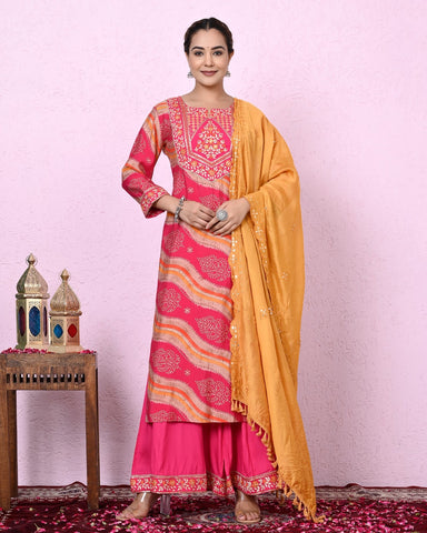 Women Pink Color Lehriya Printed & Embroidery Kurta and  Sharara with Dupatta Set