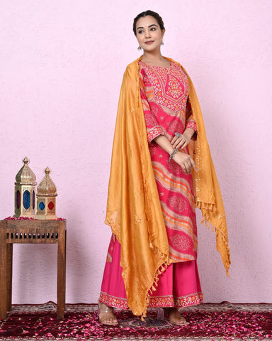Women Pink Color Lehriya Printed & Embroidery Kurta and  Sharara with Dupatta Set