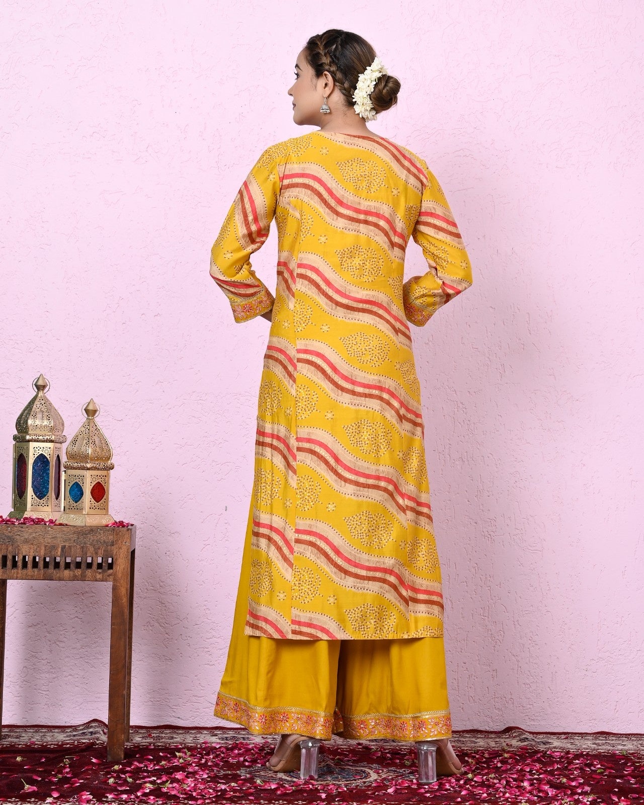 Women Mustard Color Lehriya Printed & Embroidery Kurta and  Sharara with Dupatta Set