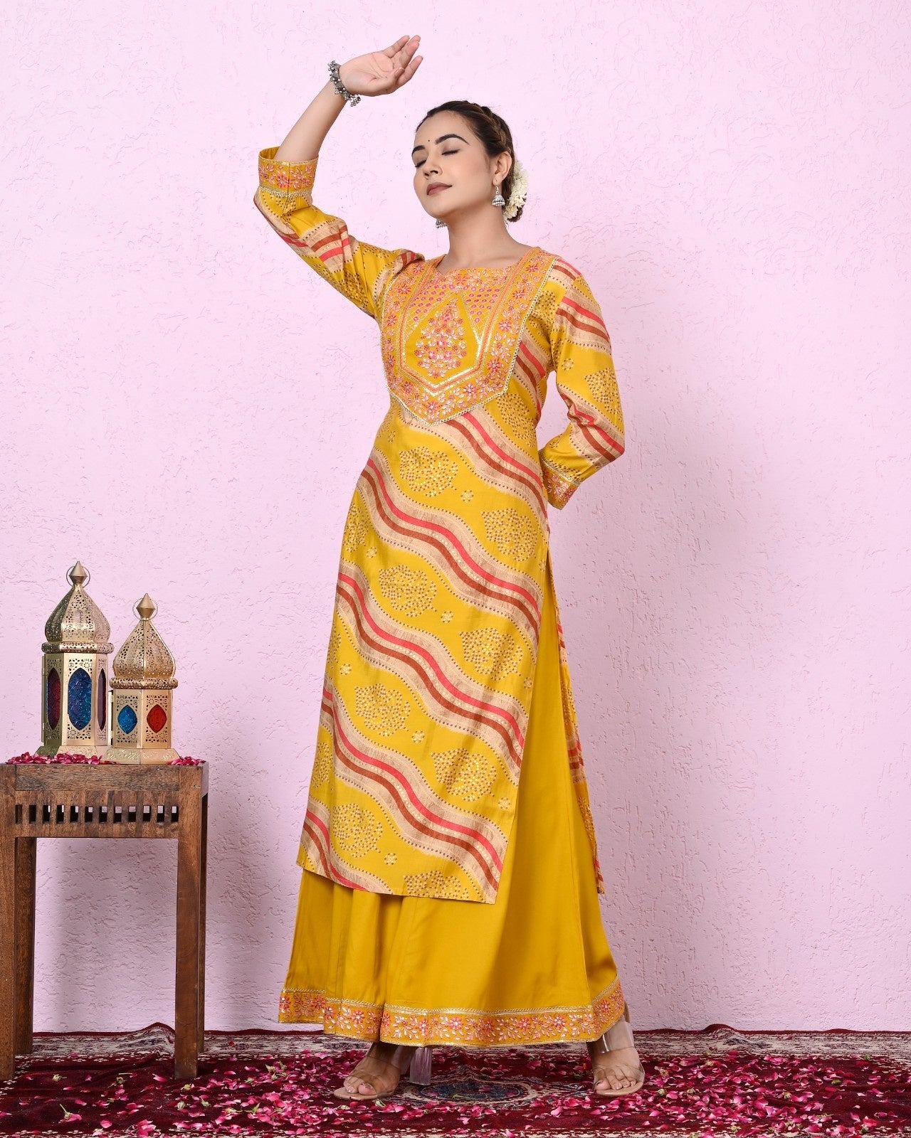 Women Mustard Color Lehriya Printed & Embroidery Kurta and  Sharara with Dupatta Set