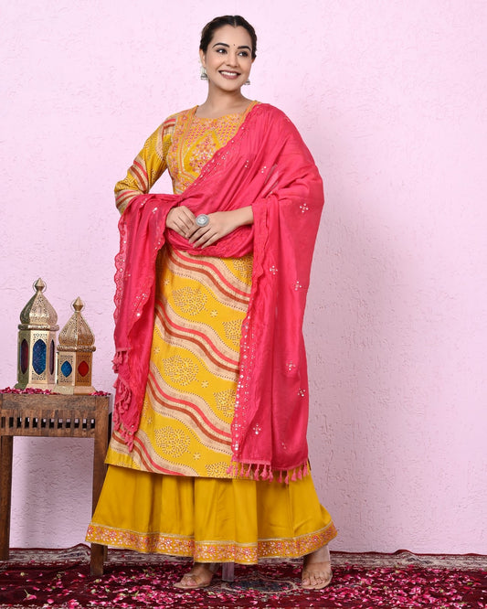 RAMA'S Women Mustard Color Lehriya Printed & Embroidery Kurta and  Sharara with Dupatta Set