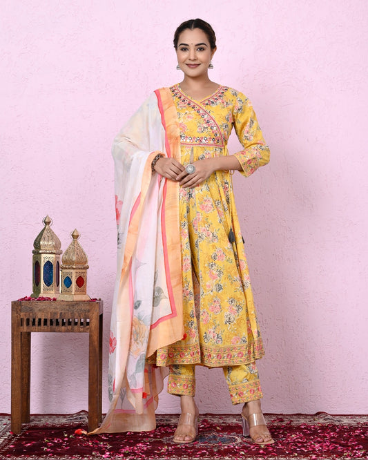 Women Yellow Color Printed & Embroidery Kurta and  Pant with Dupatta Set