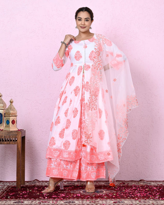 Women White Color Printed Kurta and  Sharara with Dupatta Set