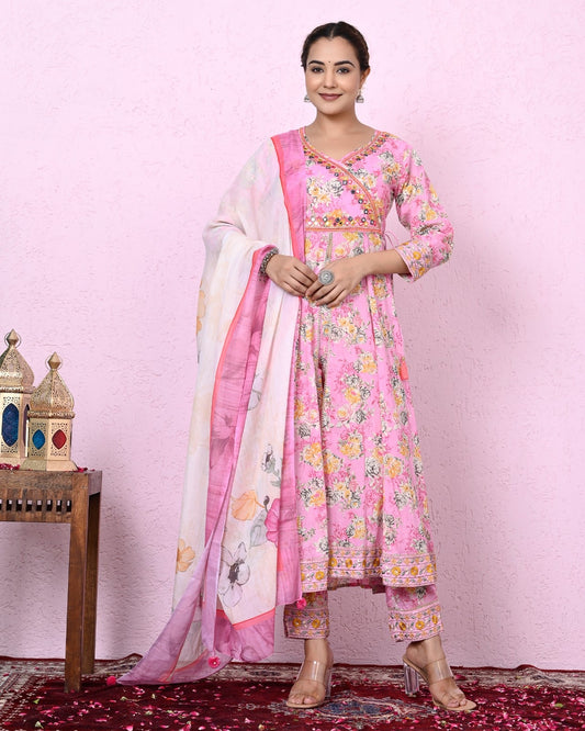 Women Pink Color Printed & Embroidery Kurta and  Pant with Dupatta Set