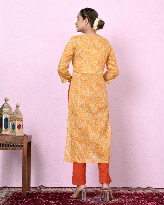 Women Yellow Color Printed & Embroidery Kurta