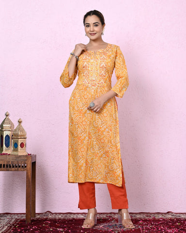 Women Yellow Color Printed & Embroidery Kurta