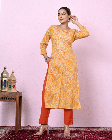 Women Yellow Color Printed & Embroidery Kurta