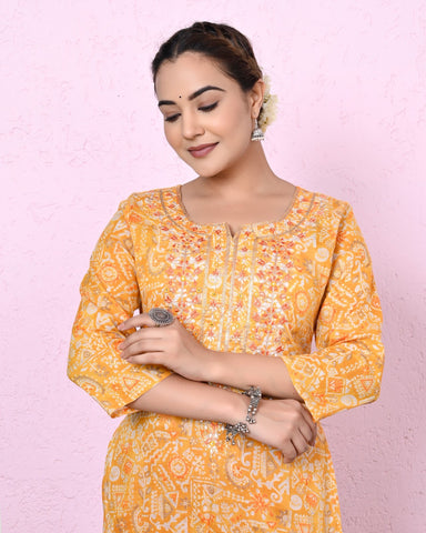 Women Yellow Color Printed & Embroidery Kurta