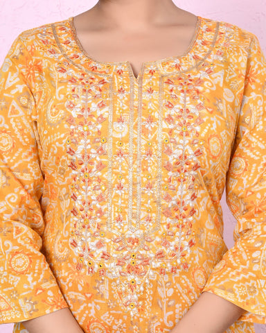 Women Yellow Color Printed & Embroidery Kurta