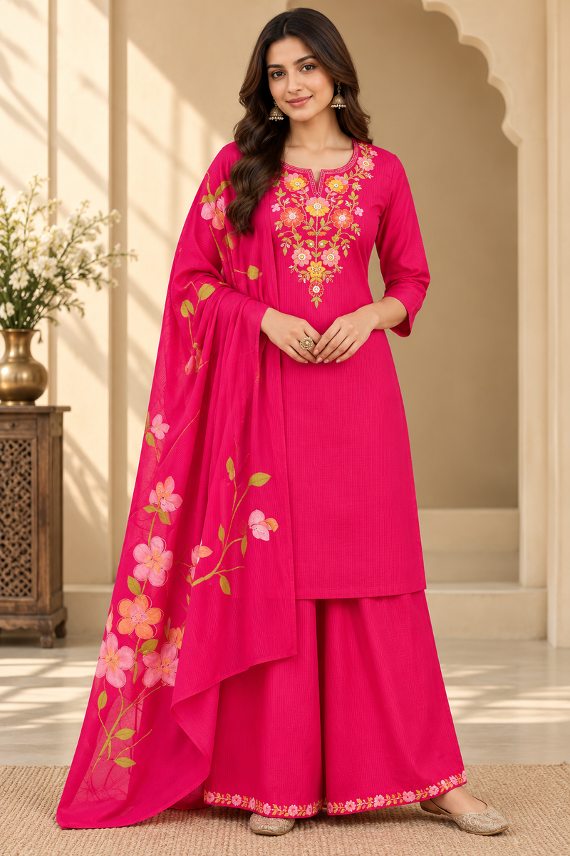 Women’s  Pink   Embroidered Kurta Set with Palazzo Pants & Matching Dupatta – Traditional Festive Ethnic Wear