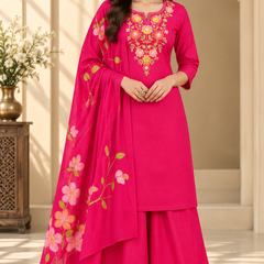 Women’s  Pink   Embroidered Kurta Set with Palazzo Pants & Matching Dupatta – Traditional Festive Ethnic Wear