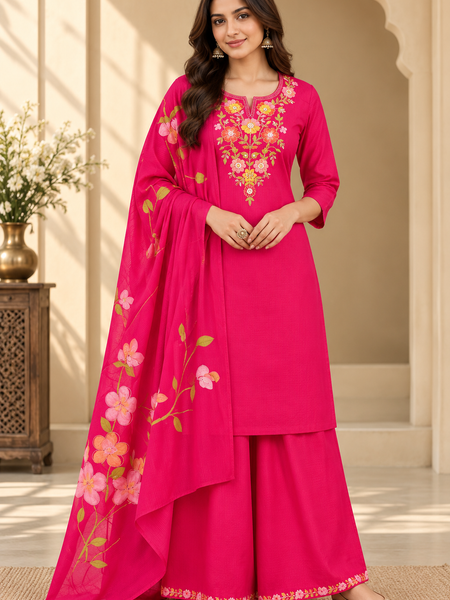 Women’s  Pink   Embroidered Kurta Set with Palazzo Pants & Matching Dupatta – Traditional Festive Ethnic Wear