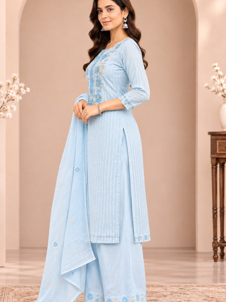 Women sky blue   Embroidered Kurta Set with Palazzo  & Matching Dupatta – Traditional Festive Ethnic Wear