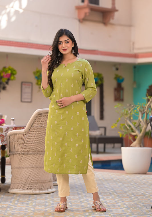 Women Straigth Mehandi Kurta Embroidery