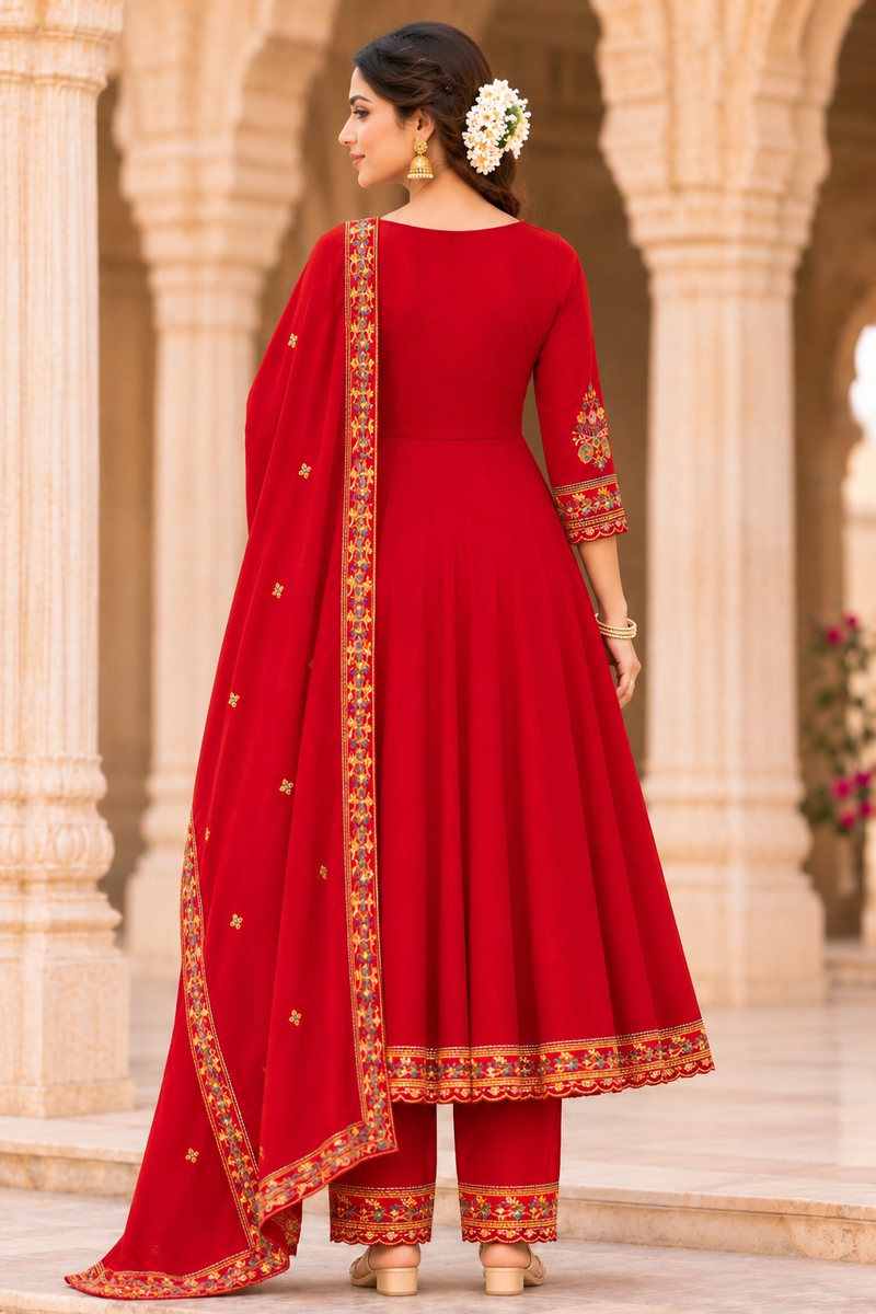Women red   Embroidered Kurta Set with Palazzo Pants & Matching Dupatta – Traditional Festive Ethnic Wear