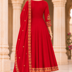 Women red   Embroidered Kurta Set with Palazzo Pants & Matching Dupatta – Traditional Festive Ethnic Wear