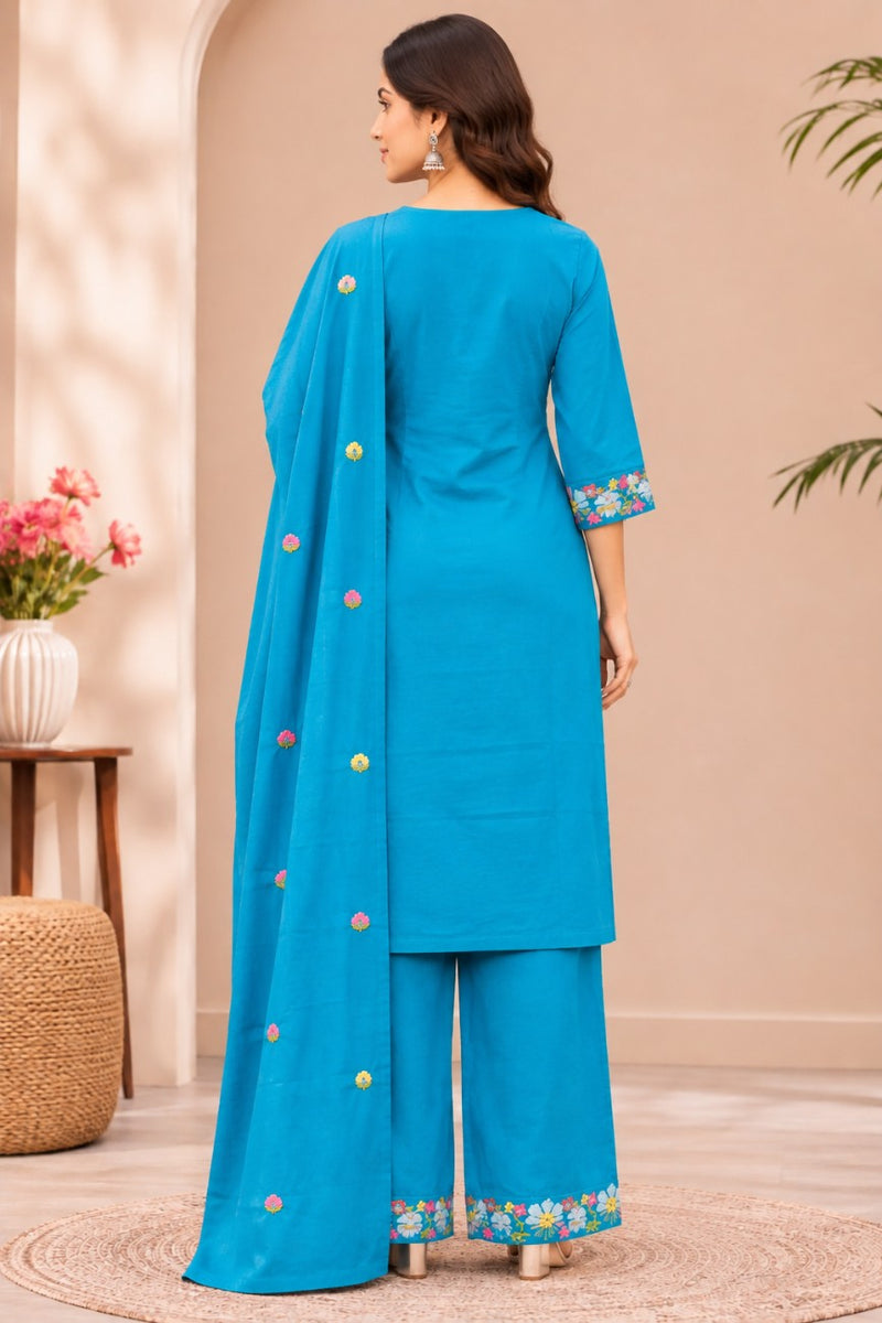 Women  turqouise blue  Embroidered Kurta Set with Palazzo  & Matching Dupatta – Traditional Festive Ethnic Wear