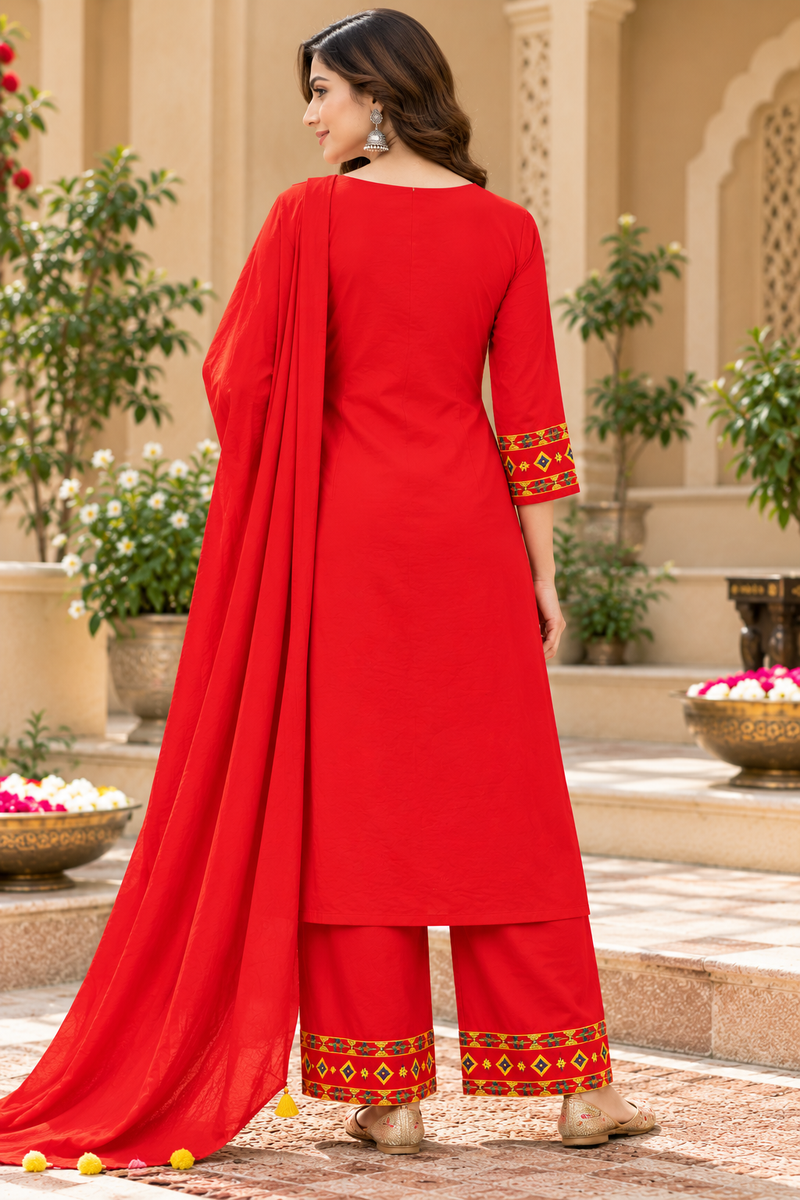 Women’s Red Embroidered Kurta Set with Palazzo Pants & Matching Dupatta – Traditional Festive Ethnic Wear