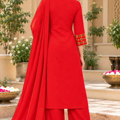Women’s Red Embroidered Kurta Set with Palazzo Pants & Matching Dupatta – Traditional Festive Ethnic Wear