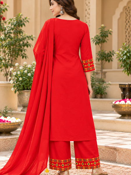 Women’s Red Embroidered Kurta Set with Palazzo Pants & Matching Dupatta – Traditional Festive Ethnic Wear
