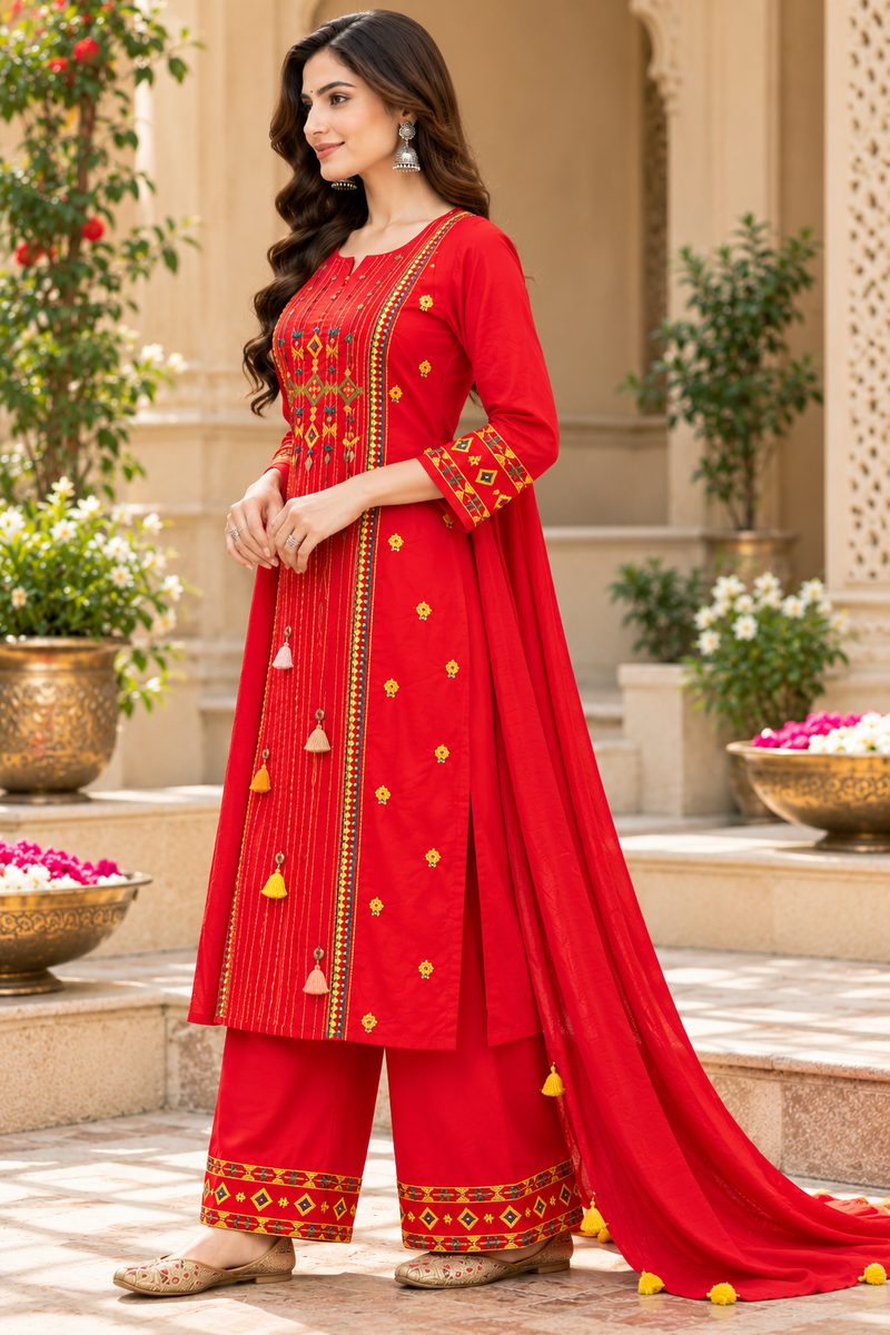 Women’s Red Embroidered Kurta Set with Palazzo Pants & Matching Dupatta – Traditional Festive Ethnic Wear