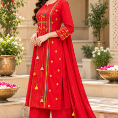 Women’s Red Embroidered Kurta Set with Palazzo Pants & Matching Dupatta – Traditional Festive Ethnic Wear