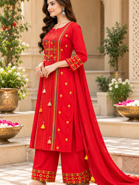 Women’s Red Embroidered Kurta Set with Palazzo Pants & Matching Dupatta – Traditional Festive Ethnic Wear