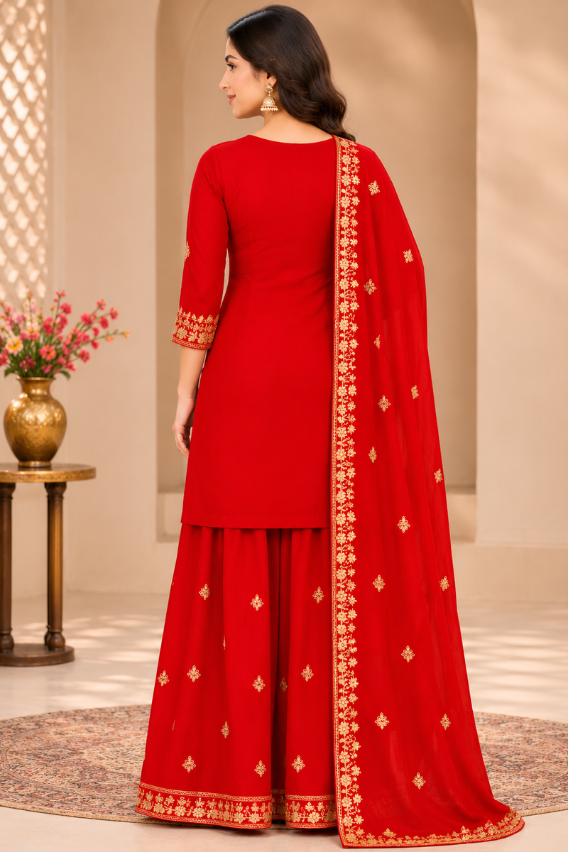 Women Red Color Ethnic Motifs Embroidered Regular Kurta with Palazzos & With Dupatta