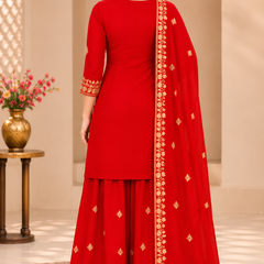 Women Red Color Ethnic Motifs Embroidered Regular Kurta with Palazzos & With Dupatta