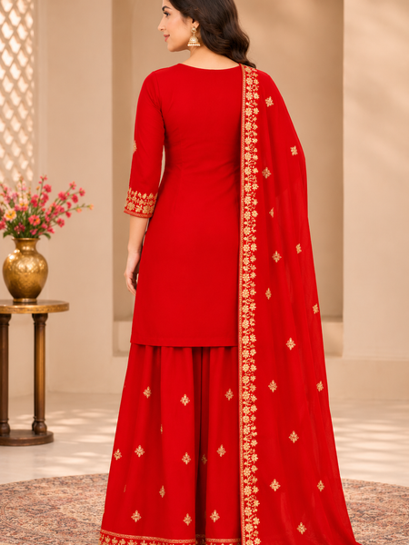 Women Red Color Ethnic Motifs Embroidered Regular Kurta with Palazzos & With Dupatta