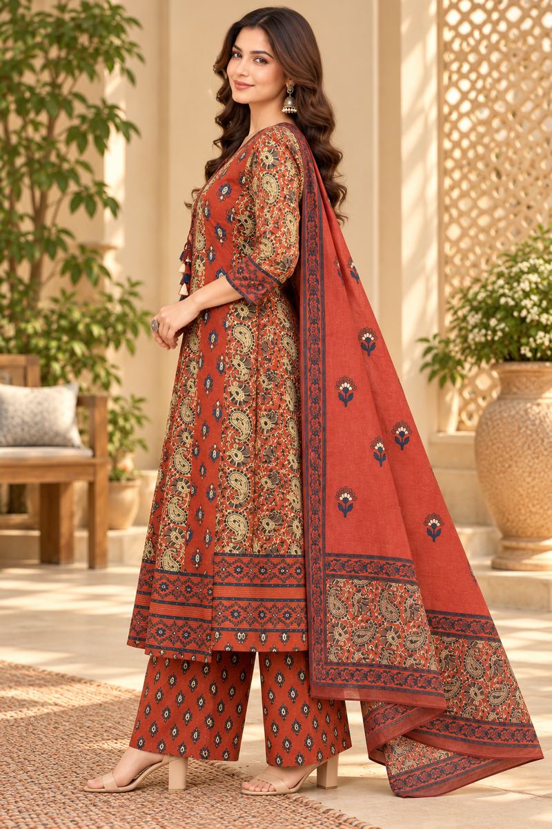 Women’s  Maroon   Embroidered Kurta Set with Palazzo Pants & Matching Dupatta – Traditional Festive Ethnic Wear