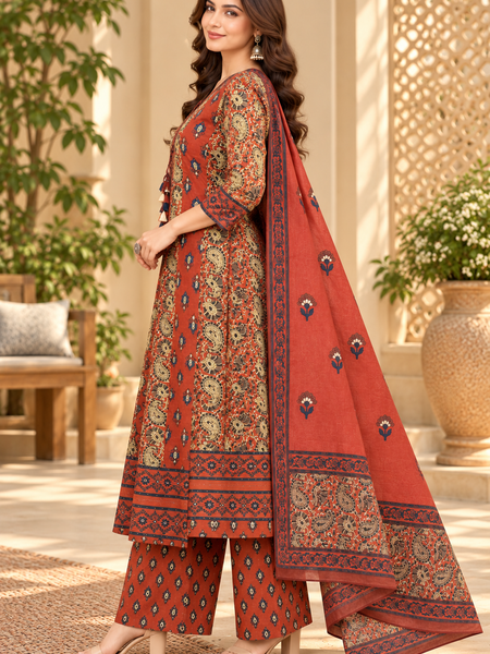 Women’s  Maroon   Embroidered Kurta Set with Palazzo Pants & Matching Dupatta – Traditional Festive Ethnic Wear