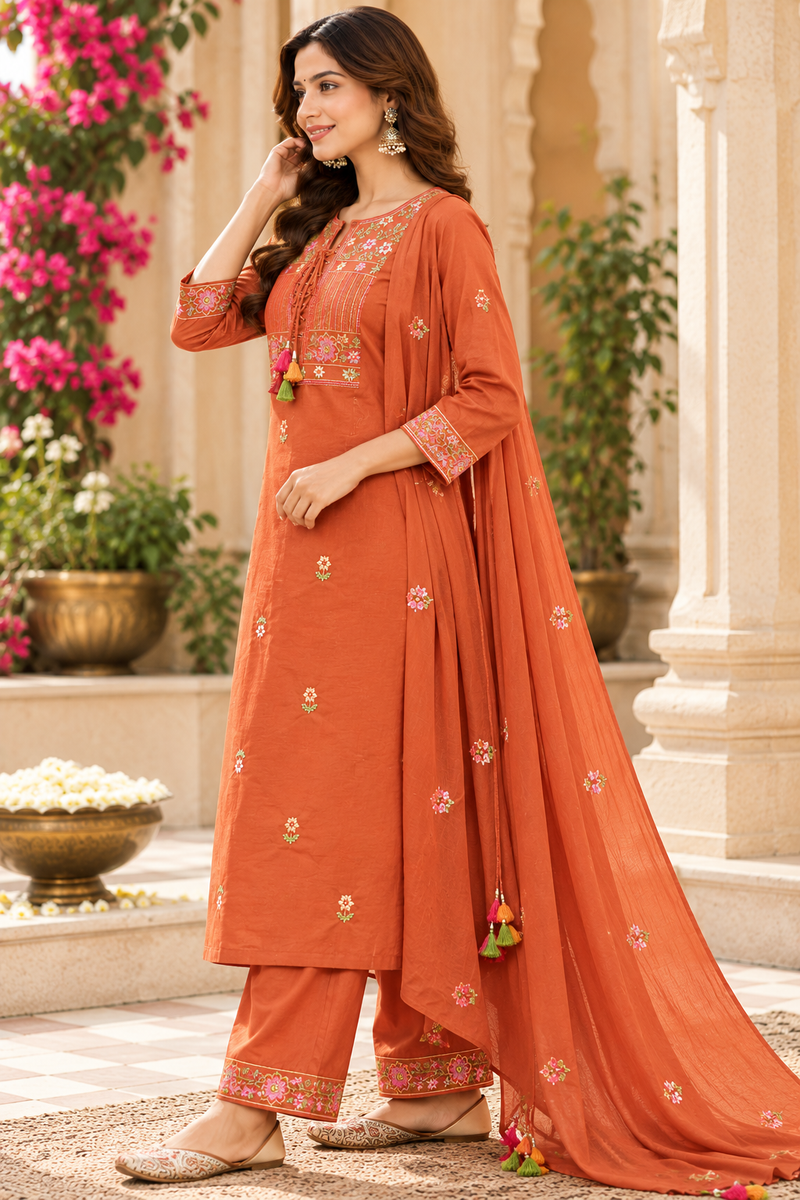 Women’s  Orange   Embroidered Kurta Set with  Pants & Matching Dupatta – Traditional Festive Ethnic Wear