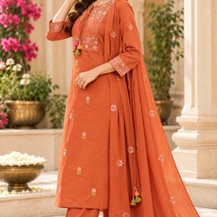 Women’s  Orange   Embroidered Kurta Set with  Pants & Matching Dupatta – Traditional Festive Ethnic Wear