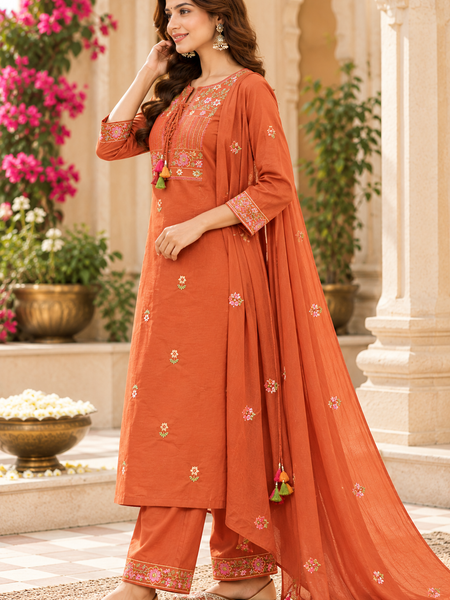 Women’s  Orange   Embroidered Kurta Set with  Pants & Matching Dupatta – Traditional Festive Ethnic Wear