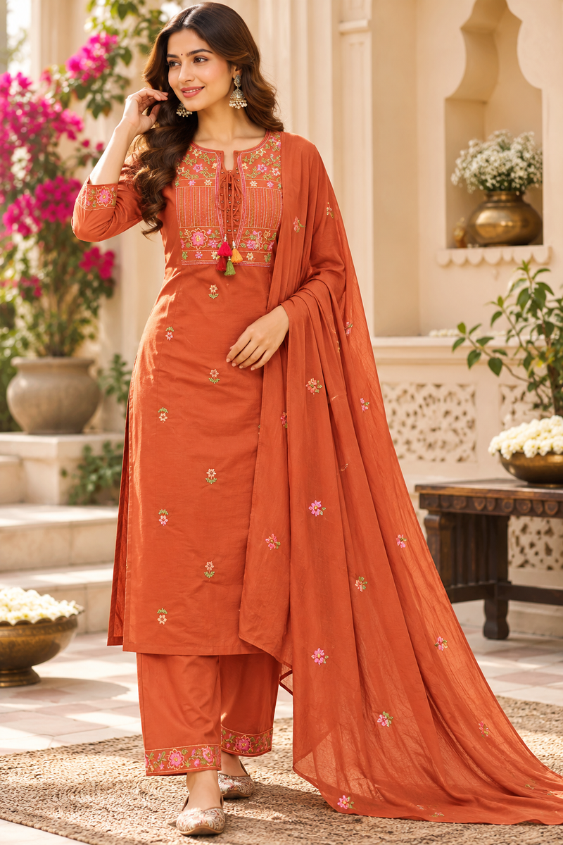 Women’s  Orange   Embroidered Kurta Set with  Pants & Matching Dupatta – Traditional Festive Ethnic Wear