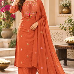 Women’s  Orange   Embroidered Kurta Set with  Pants & Matching Dupatta – Traditional Festive Ethnic Wear